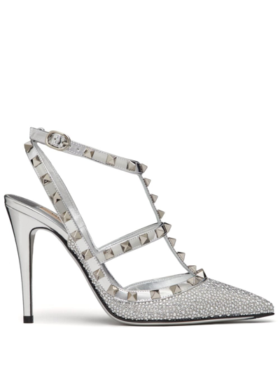 Shop Valentino Rockstud Leather Slingback Pumps In Silver