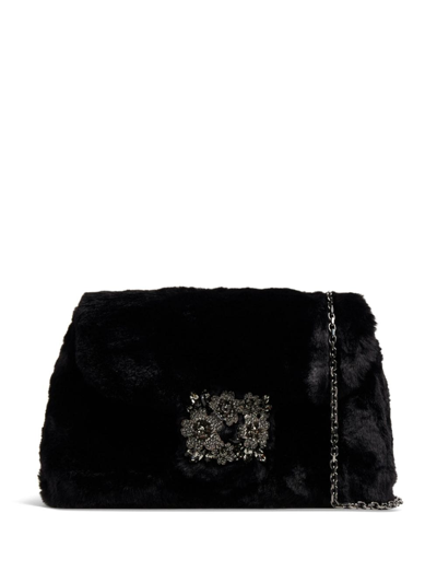 Shop Roger Vivier Rv Bouquet Strass Faux Fur Handbag In Black