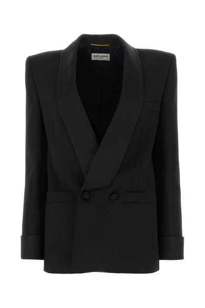 Shop Saint Laurent Double-breasted Long-sleeved Jacket In Noir
