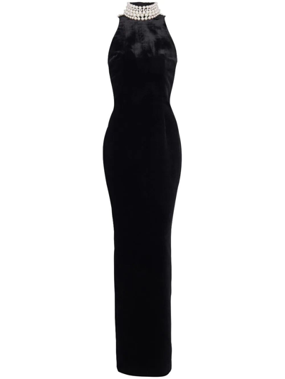 Shop Balmain Sleeveless Halter Embrdrd Velvet Long Dress In Eaz Noir Perle