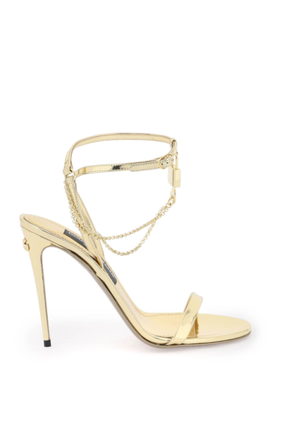Shop Dolce & Gabbana Laminated Leather Sandals With Charm In Oro Champagne (gold)