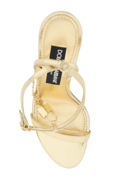 Shop Dolce & Gabbana Laminated Leather Sandals With Charm In Oro Champagne (gold)