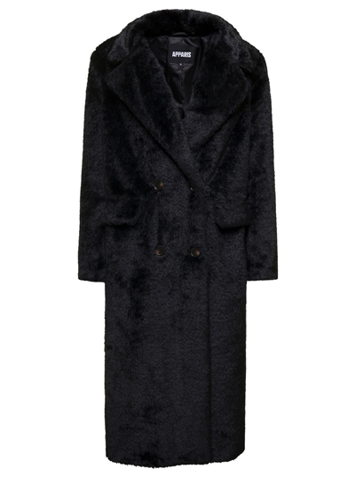 Shop Apparis Astrid Black Double-breasted Coat With Revers Collar In Faux Fur Woman