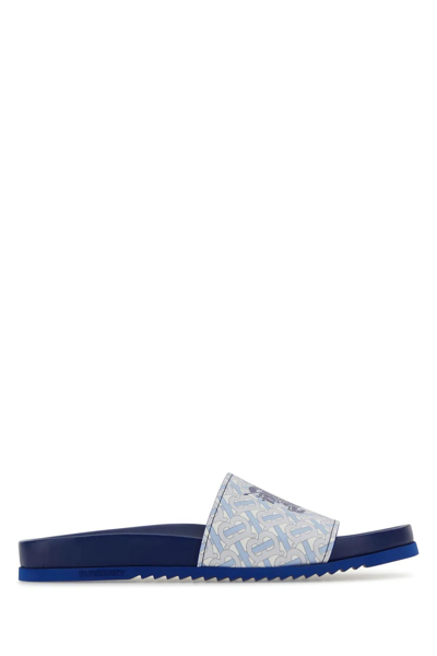 Shop Burberry Printed Leather Slippers In Azzurro