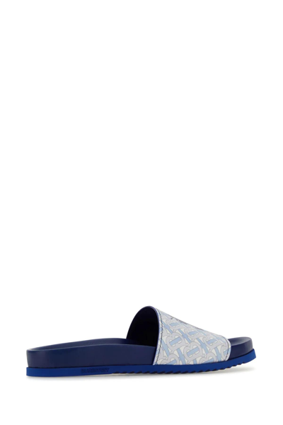 Shop Burberry Printed Leather Slippers In Azzurro