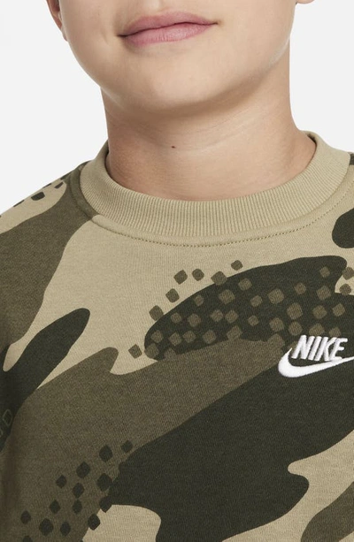 Shop Nike Kids' Camo Club Fleece Crewneck Sweatshirt In Neutral Olive/ White