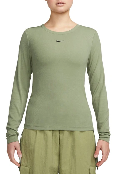Shop Nike Sportswear Long Sleeve Rib Top In Oil Green/ Black