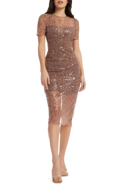 Shop Dress The Population Lia Sequin Illusion Mesh Overlay Midi Cocktail Dress In Mauve