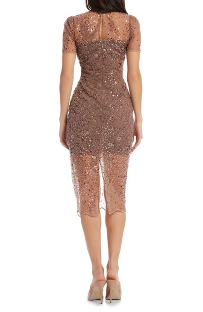 Shop Dress The Population Lia Sequin Illusion Mesh Overlay Midi Cocktail Dress In Mauve