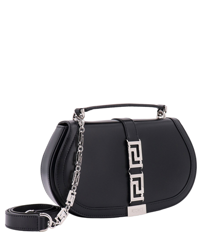 Versace Greca Goddess Smooth Leather Shoulder Bag In Black