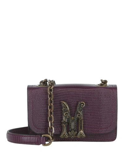 Shop Moschino Logo Plaque Chain-link Crossbody Bag In Purple