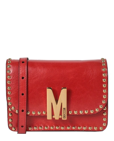 Shop Moschino M Logo Studded Leather Shoulder Bag In Red