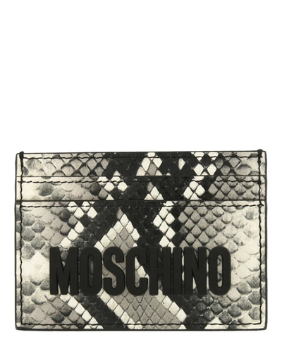 Shop Moschino Snakeskin Print Logo Card Holder In Silver