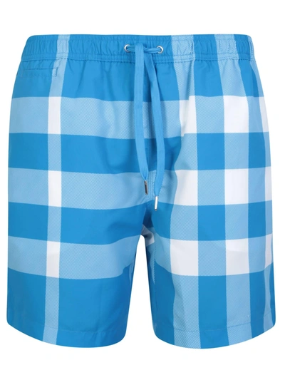 Shop Burberry Blue Exaggereted Check Pattern Swim Shorts