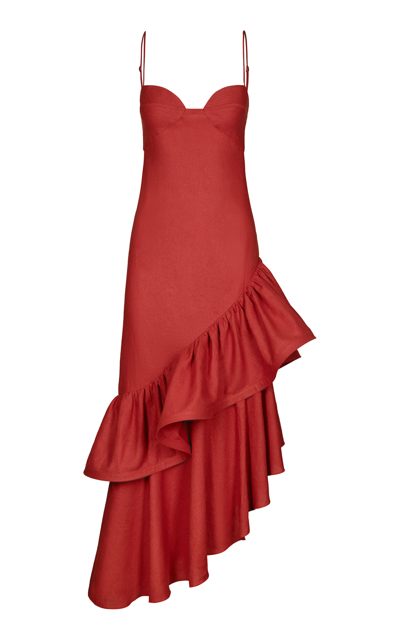 Shop Johanna Ortiz Acércate Más Ruffled Linen-blend Midi Dress In Red