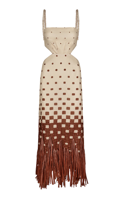 Shop Johanna Ortiz Femme Bandits Fringed Linen Midi Dress In Ivory