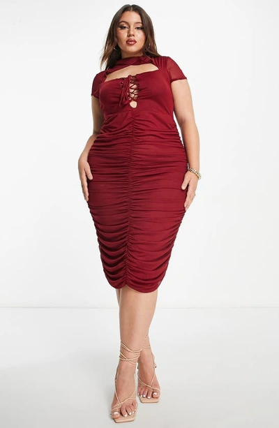 Shop Asos Design Curve Ruched Mesh Cutout Bodycon Dress In Red