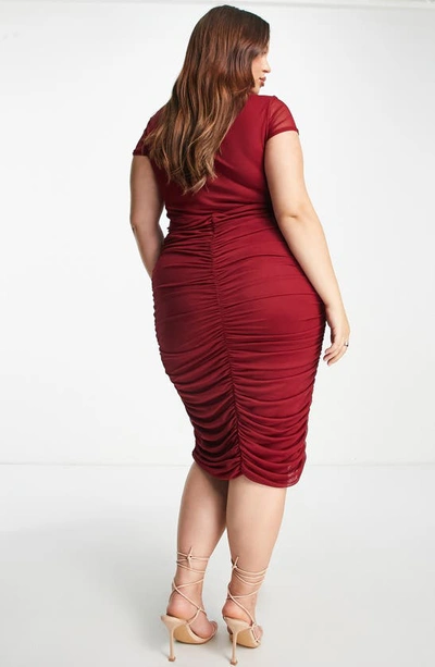 Asos Design Curve Cut Out Lace Up Ruched Mesh Midi Dress In Plum-multi In Red
