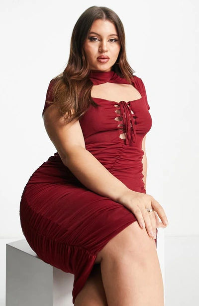 Asos Design Curve Cut Out Lace Up Ruched Mesh Midi Dress In Plum-multi In Red