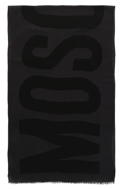 Shop Moschino Fringe Logo Wool Scarf In Grey