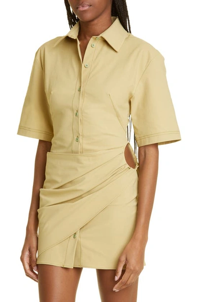 Shop Jacquemus La Robe Camisa Drape Detail Mini Shirtdress In 530 Light Khaki