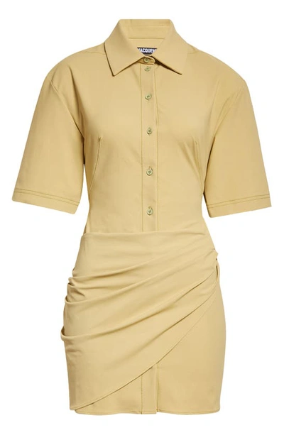 Shop Jacquemus La Robe Camisa Drape Detail Mini Shirtdress In 530 Light Khaki