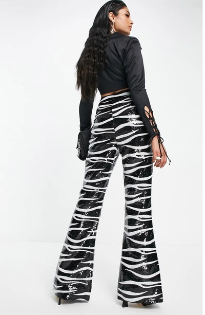 Asos Design Sequin Flare Pants In Zebra-black In Black