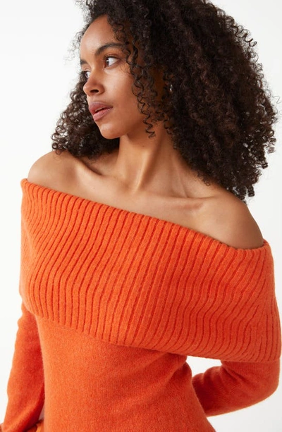 & Other Stories Off The Shoulder Long Sleeve Wool Blend Sweater Minidress In Orange