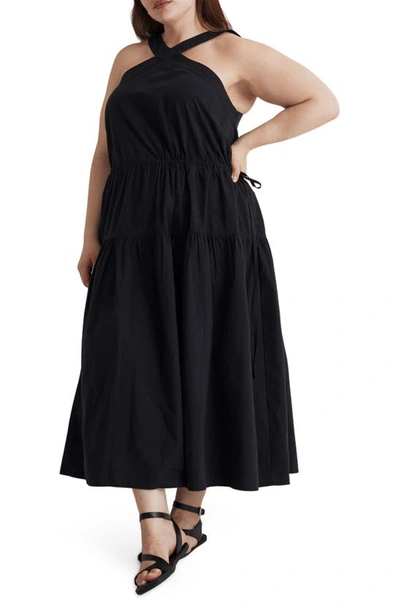 Shop Madewell Halter Tiered Cotton Poplin Midi Dress In True Black
