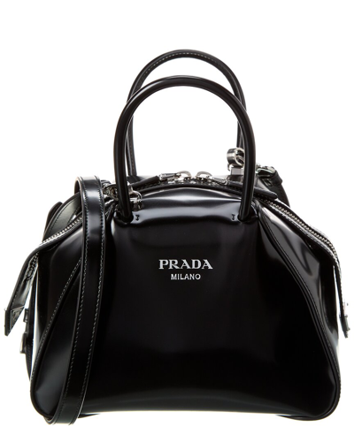 Shop Prada Logo Leather Satchel In Black