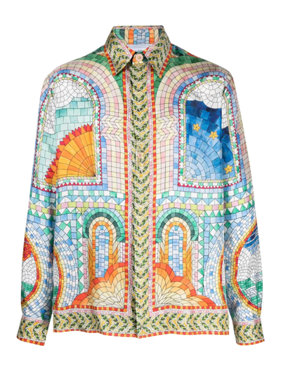 Shop Casablanca Long Sleeve Silk Shirt In Mosaic De Damas