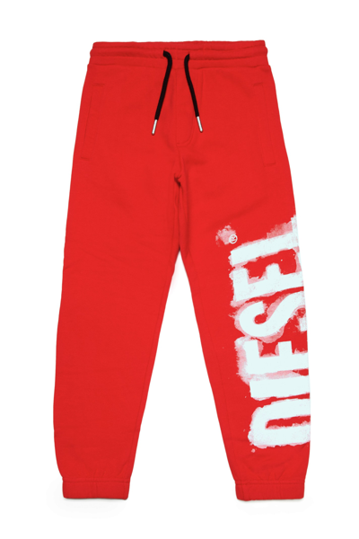 Shop Diesel Pstamp Trousers  Watercolor Effect Logo Jogger Pants In Fleece In Red