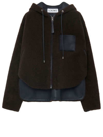 Shop Loewe Hooded Jacket In Shearling In Brown