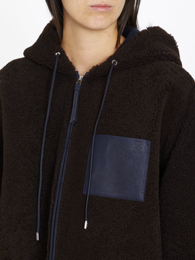 Shop Loewe Hooded Jacket In Shearling In Brown