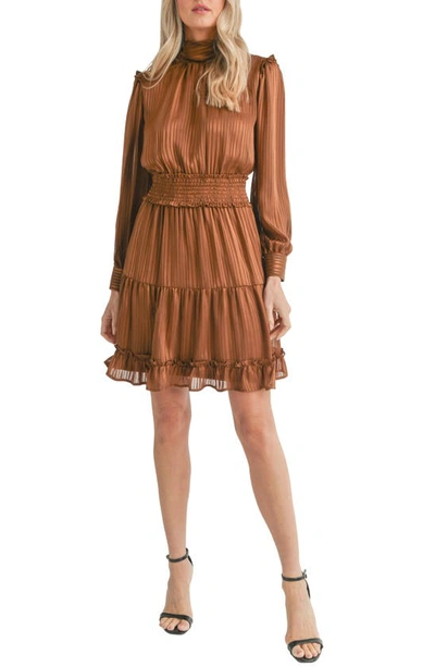 Shop Mila Mae Shadow Stripe Ruffle Long Sleeve Dress In Walnut