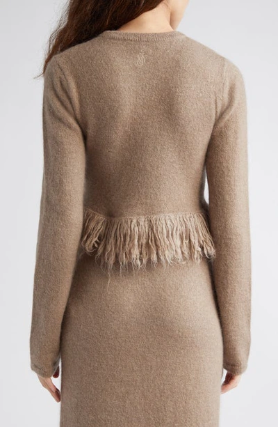 Shop Jw Anderson Fringe Hem Cutout Crop Mohair Blend Sweater In Fawn