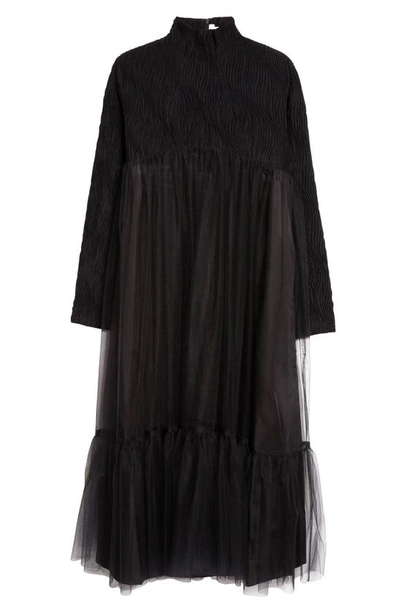 Shop Noir Kei Ninomiya Wave Long Sleeve Tweed & Tulle Midi Dress In Black