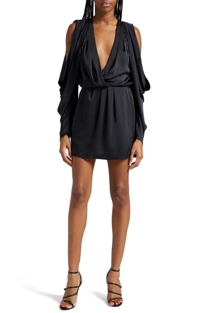 Shop Ramy Brook Kimberly Plunge Long Sleeve Satin Minidress In Black