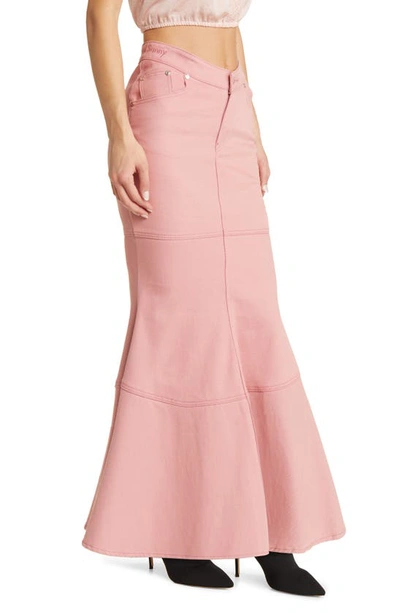Shop House Of Sunny Amour Trumpet Denim Maxi Skirt In Blush