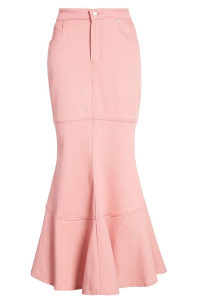 Shop House Of Sunny Amour Trumpet Denim Maxi Skirt In Blush