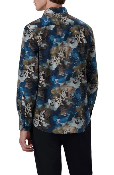 Shop Bugatchi Julian Shaped Fit Watercolor Floral Print Stretch Cotton Button-up Shirt In Night Blue