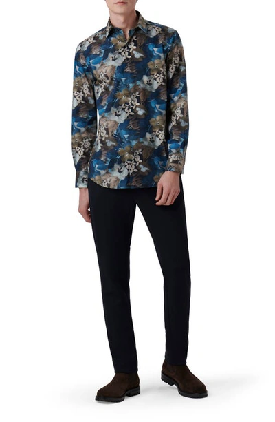 Shop Bugatchi Julian Shaped Fit Watercolor Floral Print Stretch Cotton Button-up Shirt In Night Blue