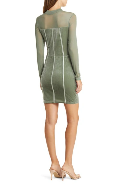 Shop Bebe Long Sleeve Mesh & Velvet Cocktail Minidress In Green