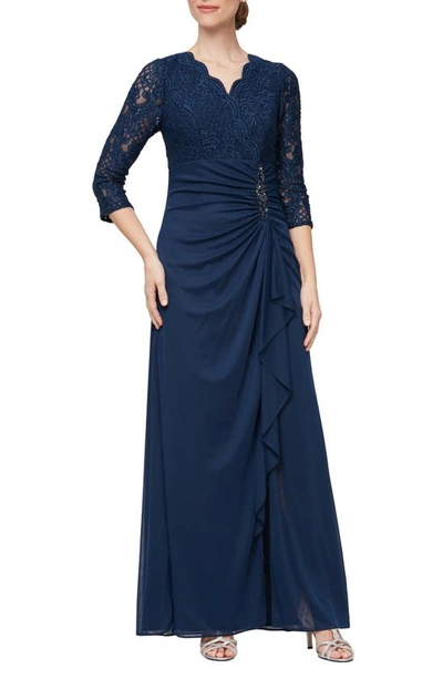Alex Evenings Sequin Lace A-line Gown In Navy