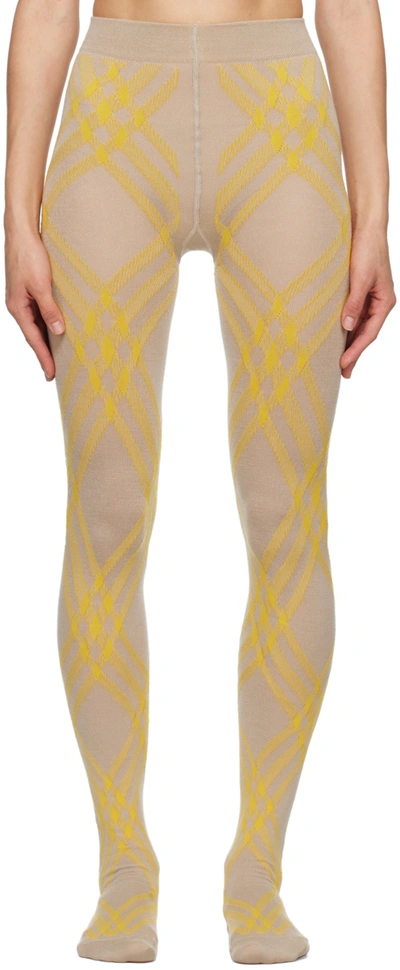 Shop Burberry Beige & Yellow Check Tights In Limestone + Mimosa