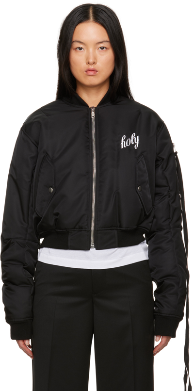 Ann Demeulemeester Black Cropped Nylon Bomber Jacket In 099 Black