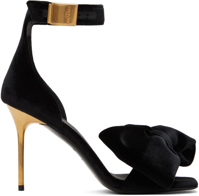 Shop Balmain Black Bow Heeled Sandals In 0pa Noir
