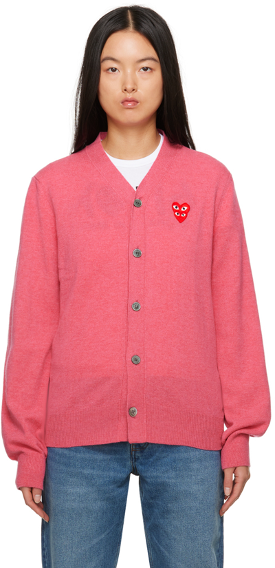 Shop Comme Des Garçons Play Pink Layered Double Heart Cardigan In 4 Pink