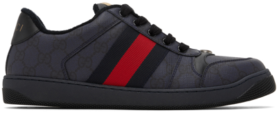 Shop Gucci Navy Screener Sneakers In 8443 Blu-dk Bl/bla/b
