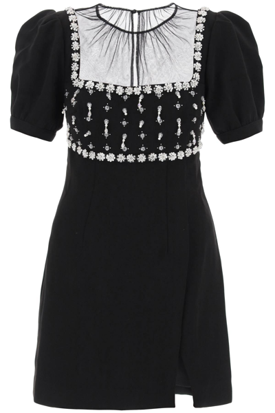 Shop Self-portrait Crepe Mini Dress With Appliques In Black